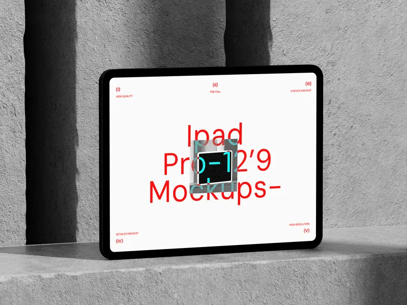 iPad Pro on concrete surface, viewed from front left angle.