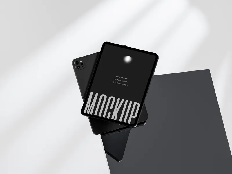 iPad Pro in dark glass finish, floating at an angle on a transparent background.