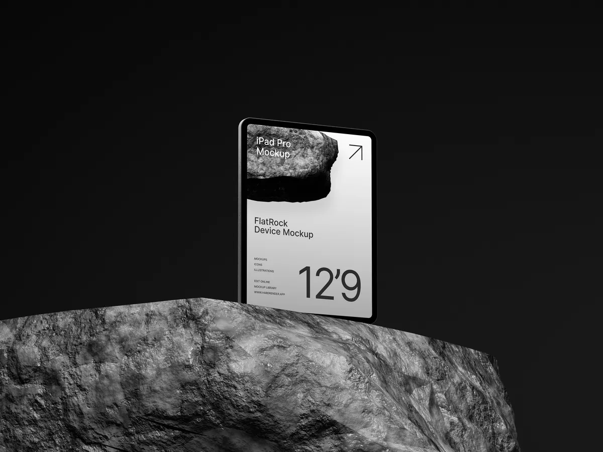 iPad Pro on flat rock, front right view, in a natural setting.