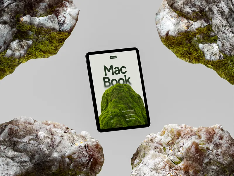 iPad Pro on green rock, floating left, at an angle.