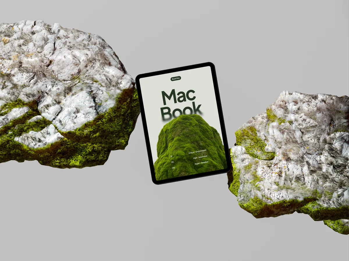 iPad Pro on green rock, floating straight, in a minimalist scene