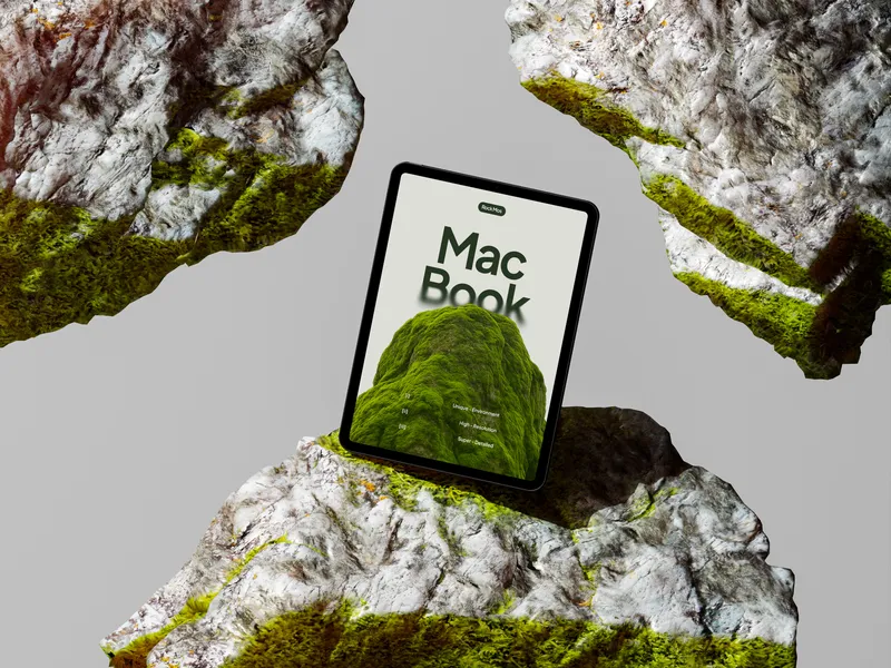 iPad Pro on green rock, tilted at an angle