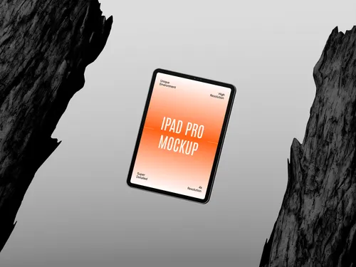 iPad Pro on rock charcoal background, floating in mid-air