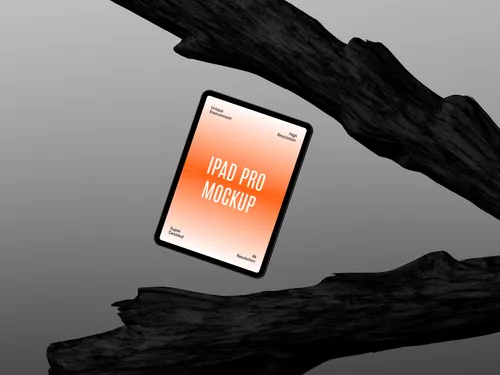 iPad Pro on a rock surface, tilted at an angle, with a charcoal background.