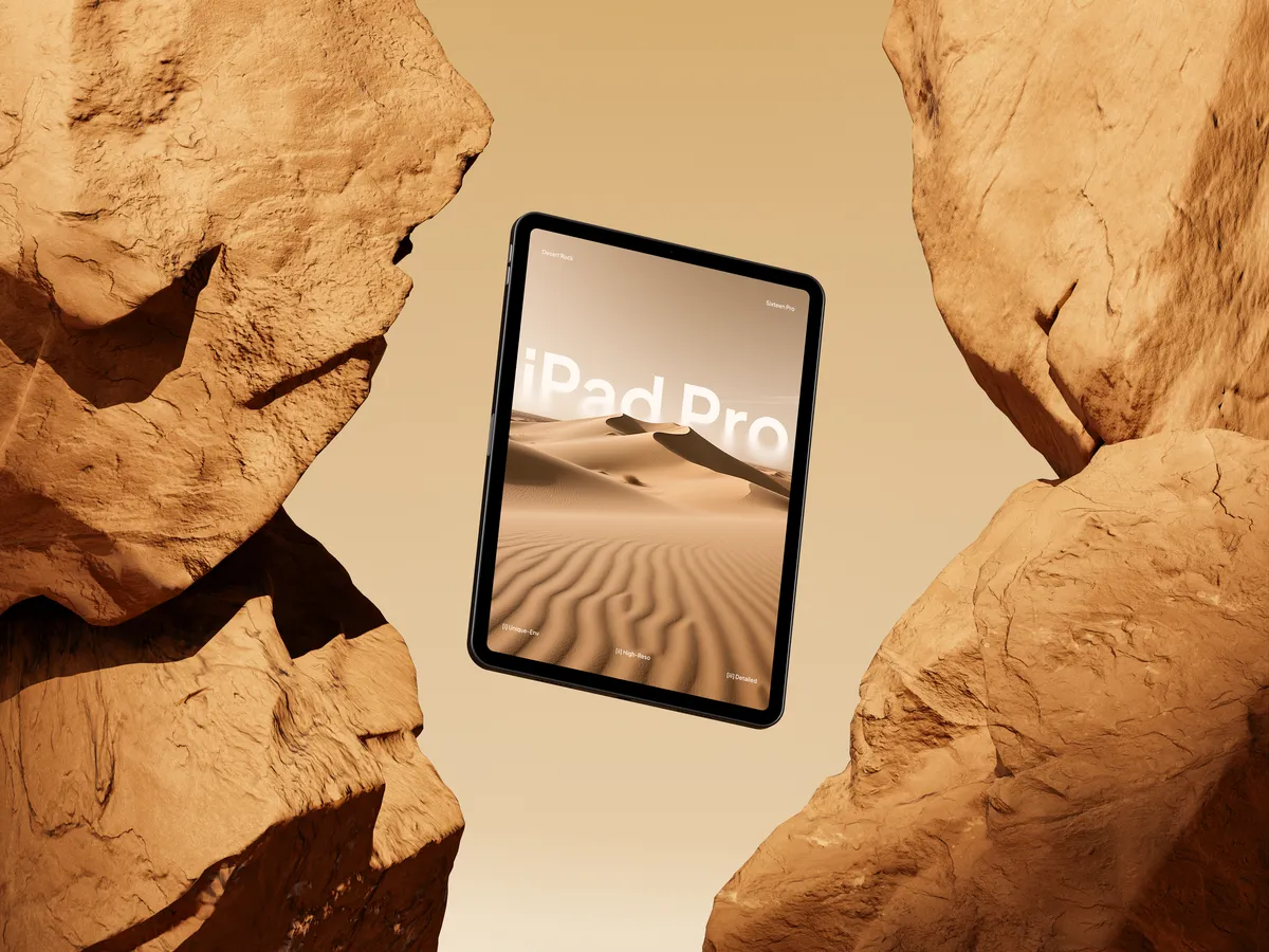 Yellow iPad Pro floating on a rock, screen displaying a scenic view