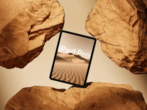 Yellow iPad Pro floating at an angle on a rock formation.