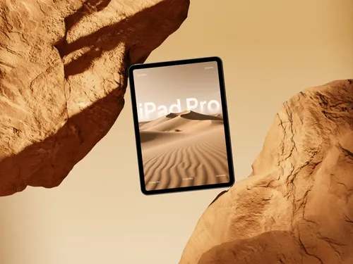 Yellow iPad Pro on rock, floating left