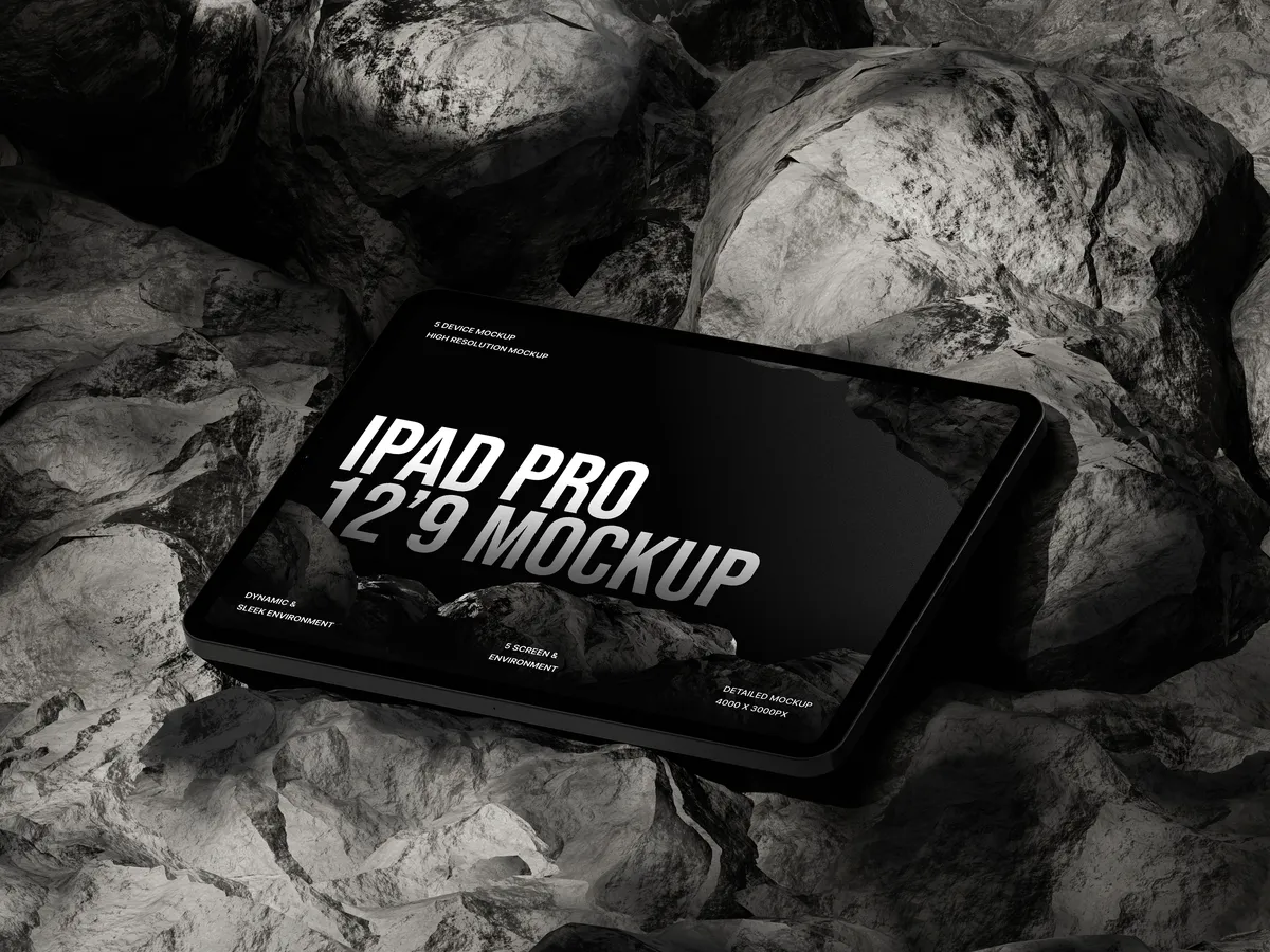 iPad Pro on a rocky surface, tilted at an angle, in a cave environment.
