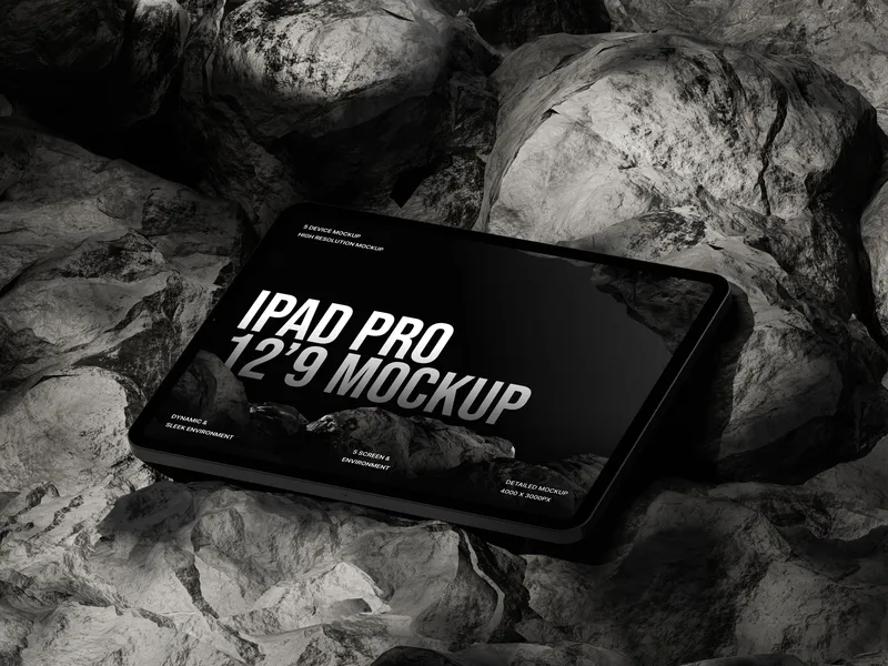 iPad Pro on a rocky surface, tilted at an angle, in a cave environment.