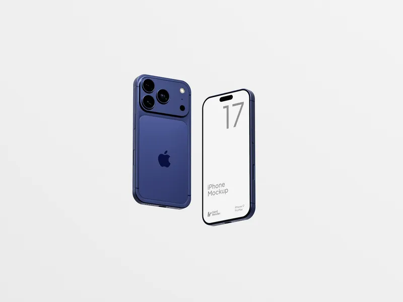 iPhone 17 Pro Max in deep blue, floating in mid-air against a neutral background.