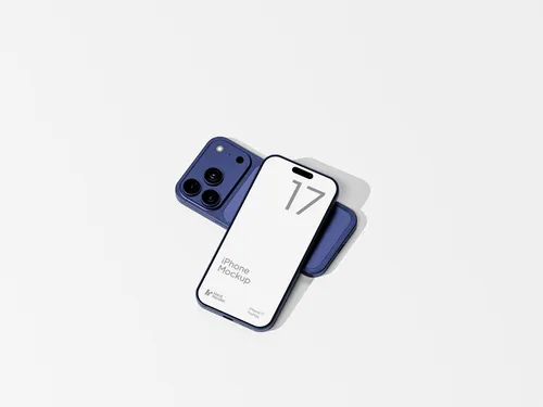 iPhone 17 Pro Max in deep blue, top view, on a plain background