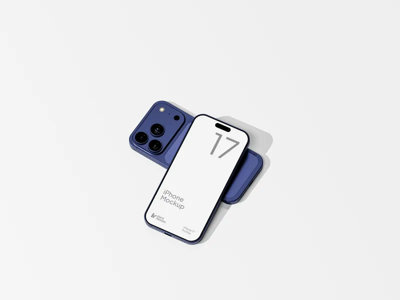 iPhone 17 Pro Max in deep blue, top view, on a plain background