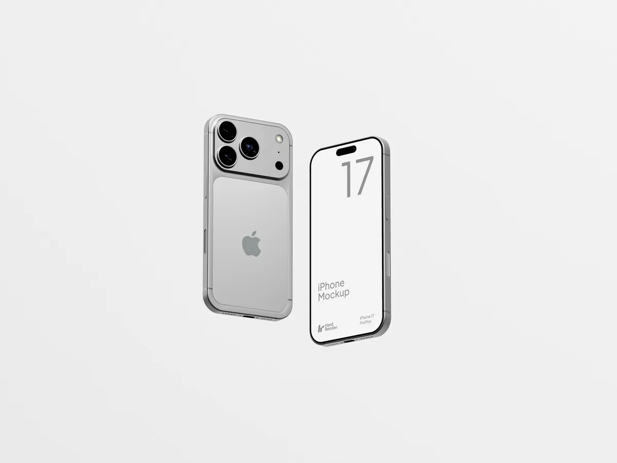 Silver iPhone 17 Pro Max floating in mid-air, front side visible.