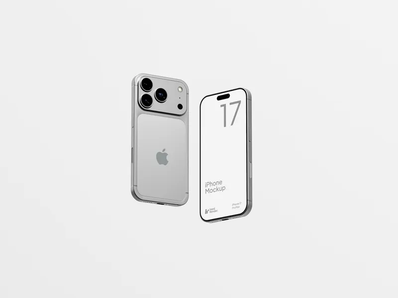 Silver iPhone 17 Pro Max floating in mid-air, front side visible.