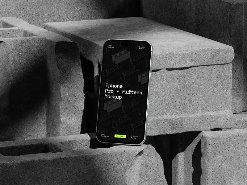 iPhone Pro with brick-patterned back, viewed from front left angle.