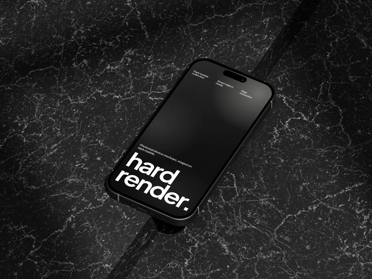 iPhone Pro resting on dark marble surface, screen visible at three-quarter angle in soft lighting.