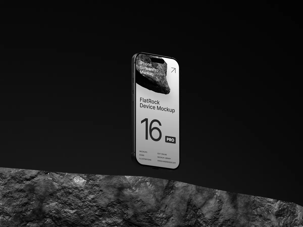 Illustration of iPhone Pro floating on rock, viewed from right