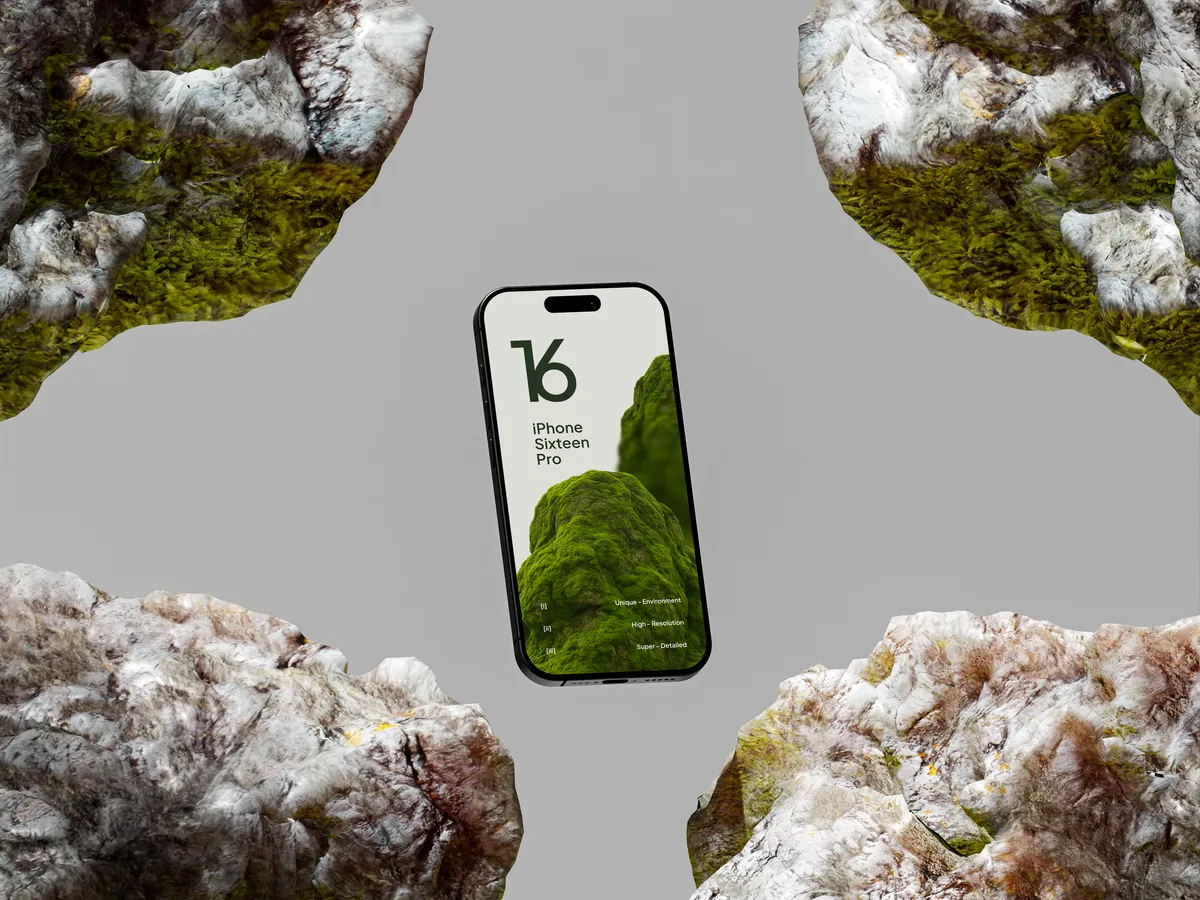 iPhone Pro on green rock, floating left