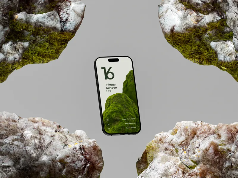 iPhone Pro on green rock, floating left