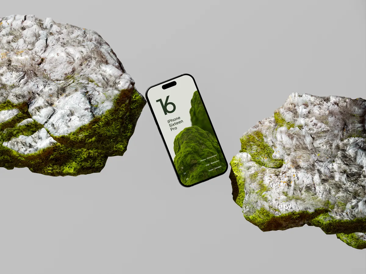 iPhone Pro on green rock, floating at an angle