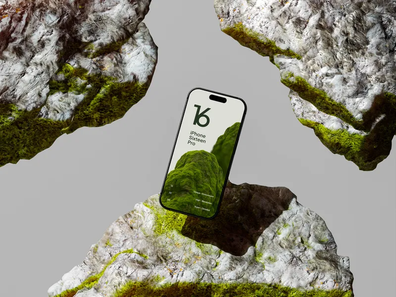 iPhone Pro on green rock, tilted at an angle.
