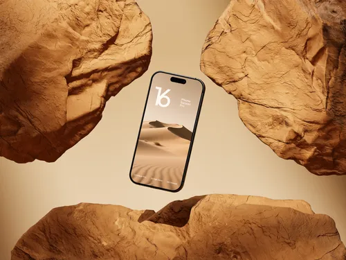 Yellow iPhone Pro floating in front of a rock formation.