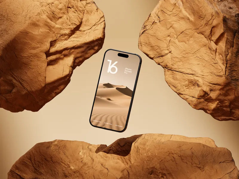 Yellow iPhone Pro floating in front of a rock formation.