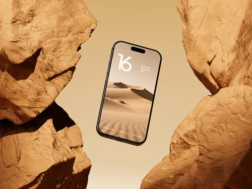 iPhone Pro on yellow rock, floating at an angle