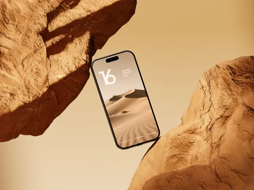 iPhone Pro on yellow rock with floating title