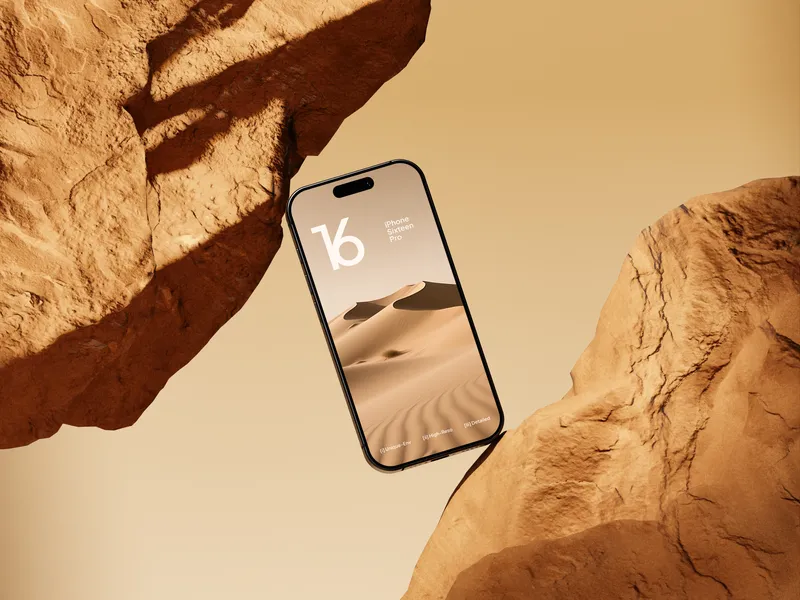 iPhone Pro on yellow rock with floating title