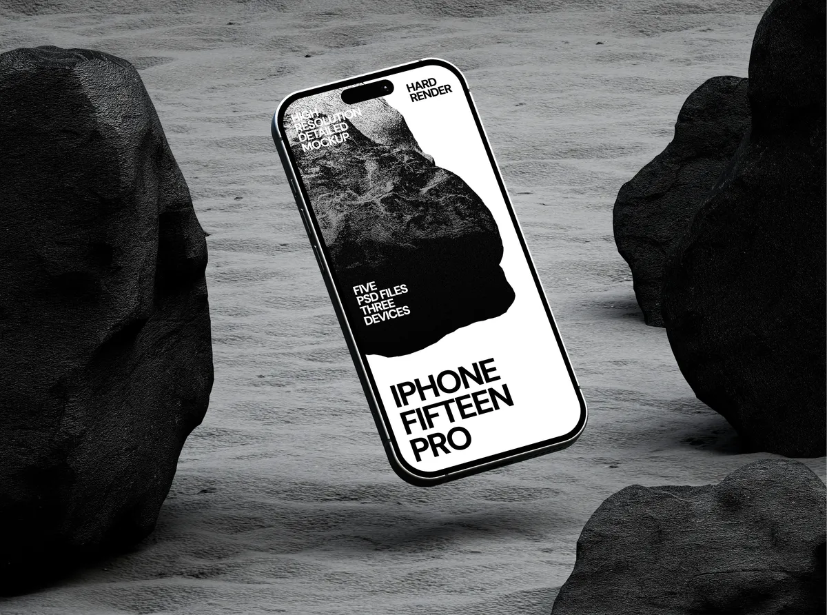Illustration of iPhone Pro on moon's surface, floating left