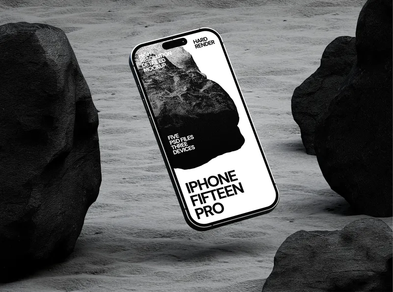 Illustration of iPhone Pro on moon's surface, floating left
