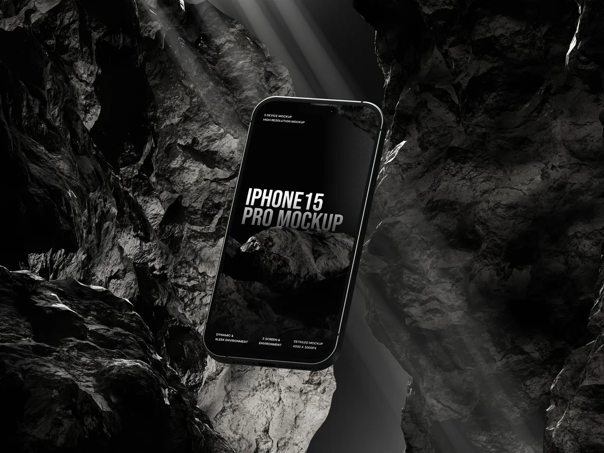 iPhone Pro floating in a serene rock cave with calm water