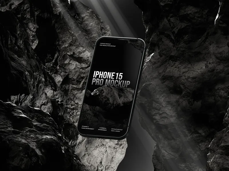 iPhone Pro floating in a serene rock cave with calm water