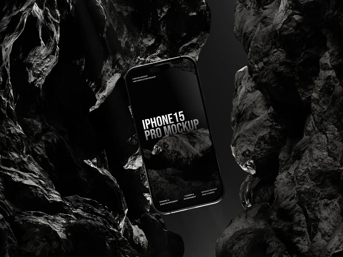 iPhone Pro in a rock cave with a floating title overlay