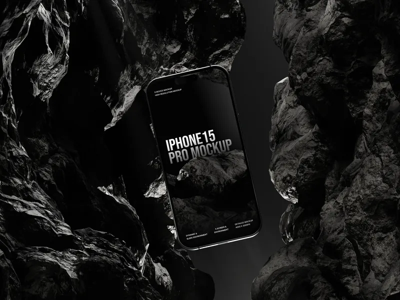 iPhone Pro in a rock cave with a floating title overlay