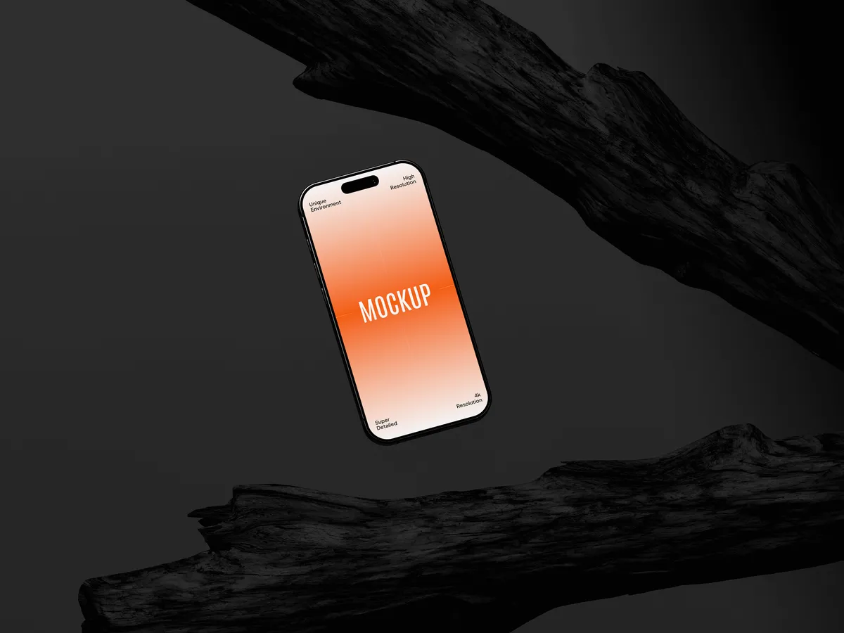 iPhone Pro on rock, charcoal background, tilted view