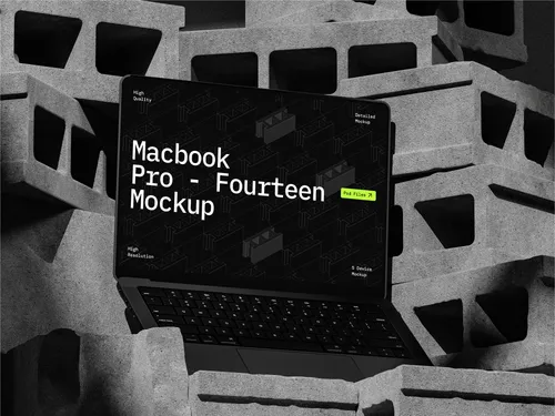 MacBook Pro from front left, with brick-patterned skin