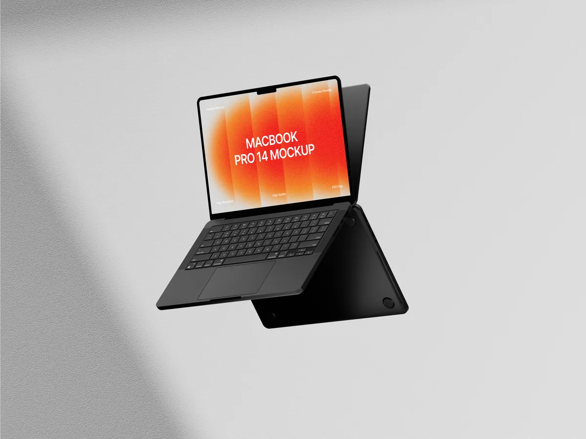 MacBook Pro in clay style, floating in mid-air against a neutral background.