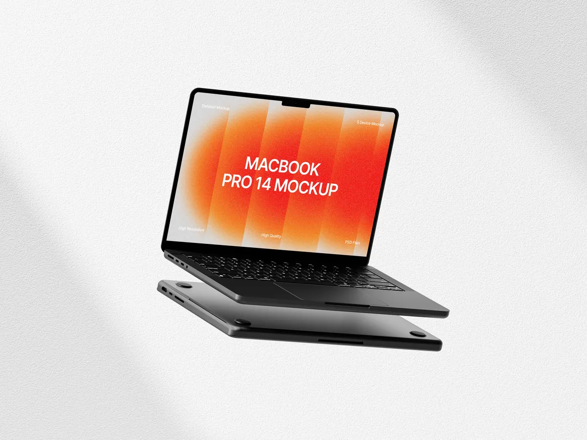 MacBook Pro in clay style, floating straight with a light background
