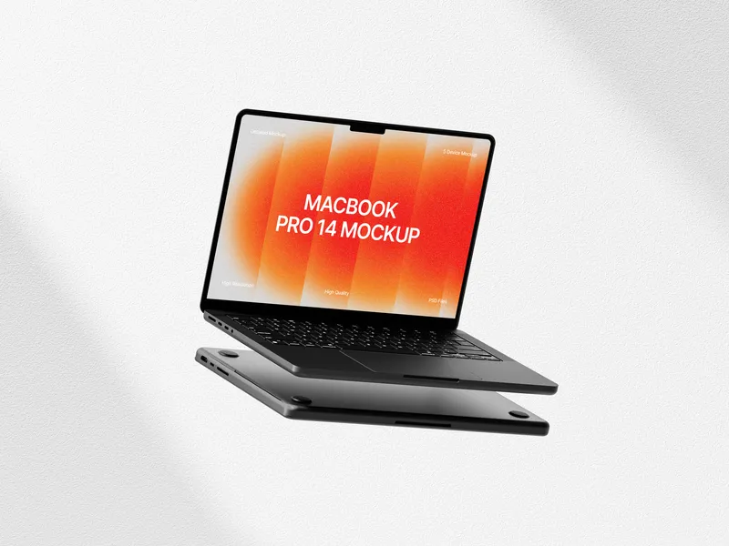 MacBook Pro in clay style, floating straight with a light  background