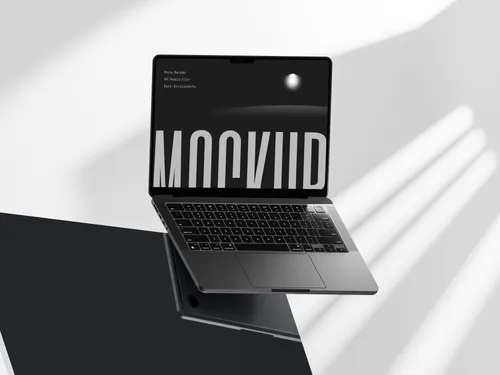 MacBook Pro on dark glass surface, floating at an angle, front view.