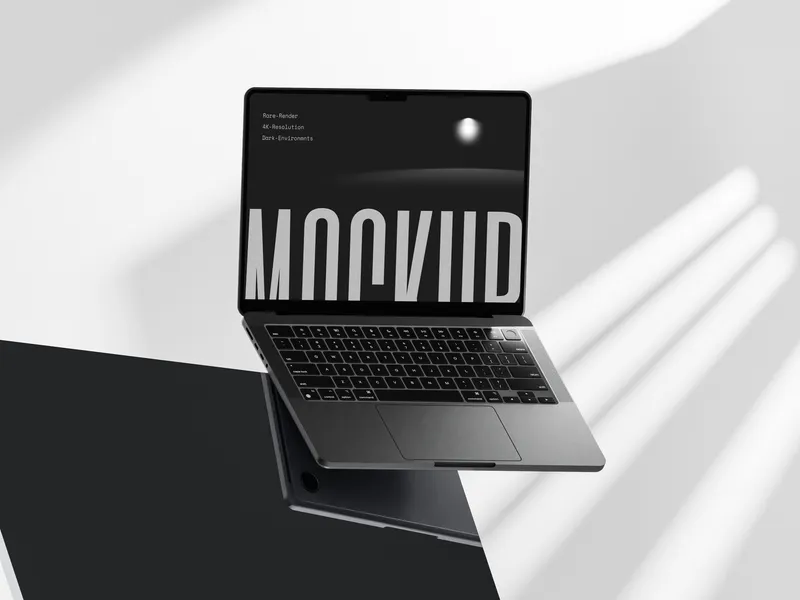 MacBook Pro on dark glass surface, floating at an angle, front view.