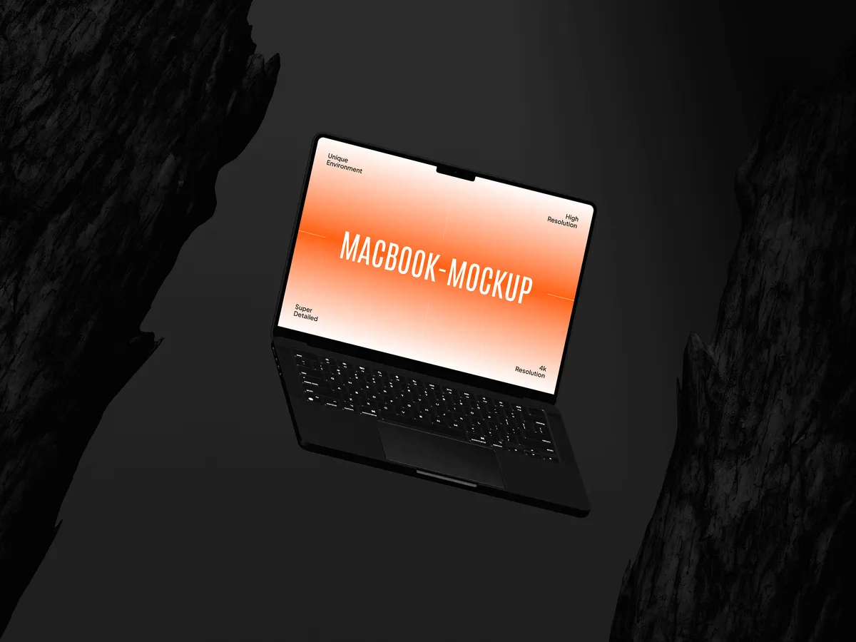 MacBook Pro on dark background, floating at an angle.