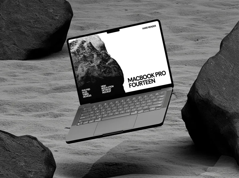 MacBook Pro on a glowing moon surface, floating in space.