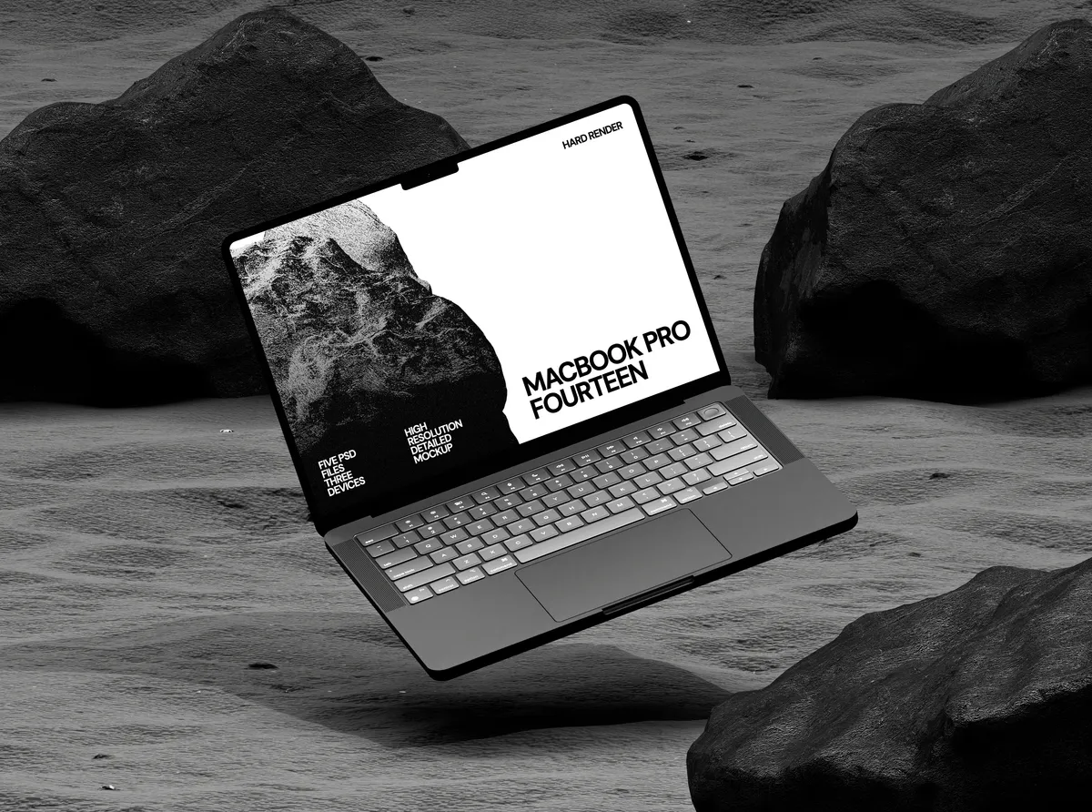 MacBook Pro on a moon surface, floating left.