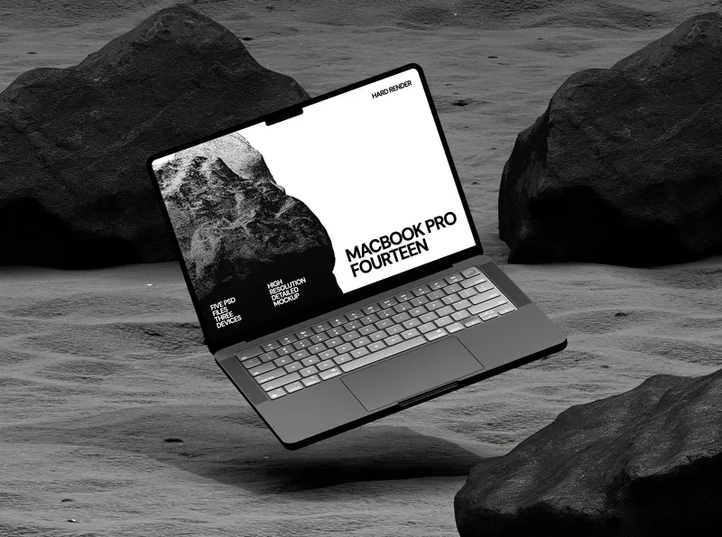 MacBook Pro on a moon surface, floating left.