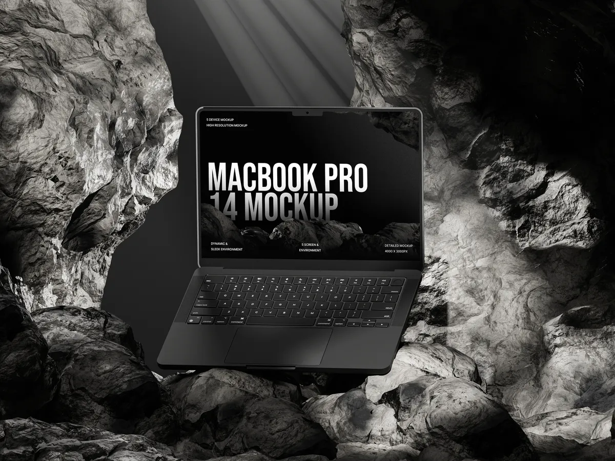 MacBook Pro on rock formation in a cave, front view